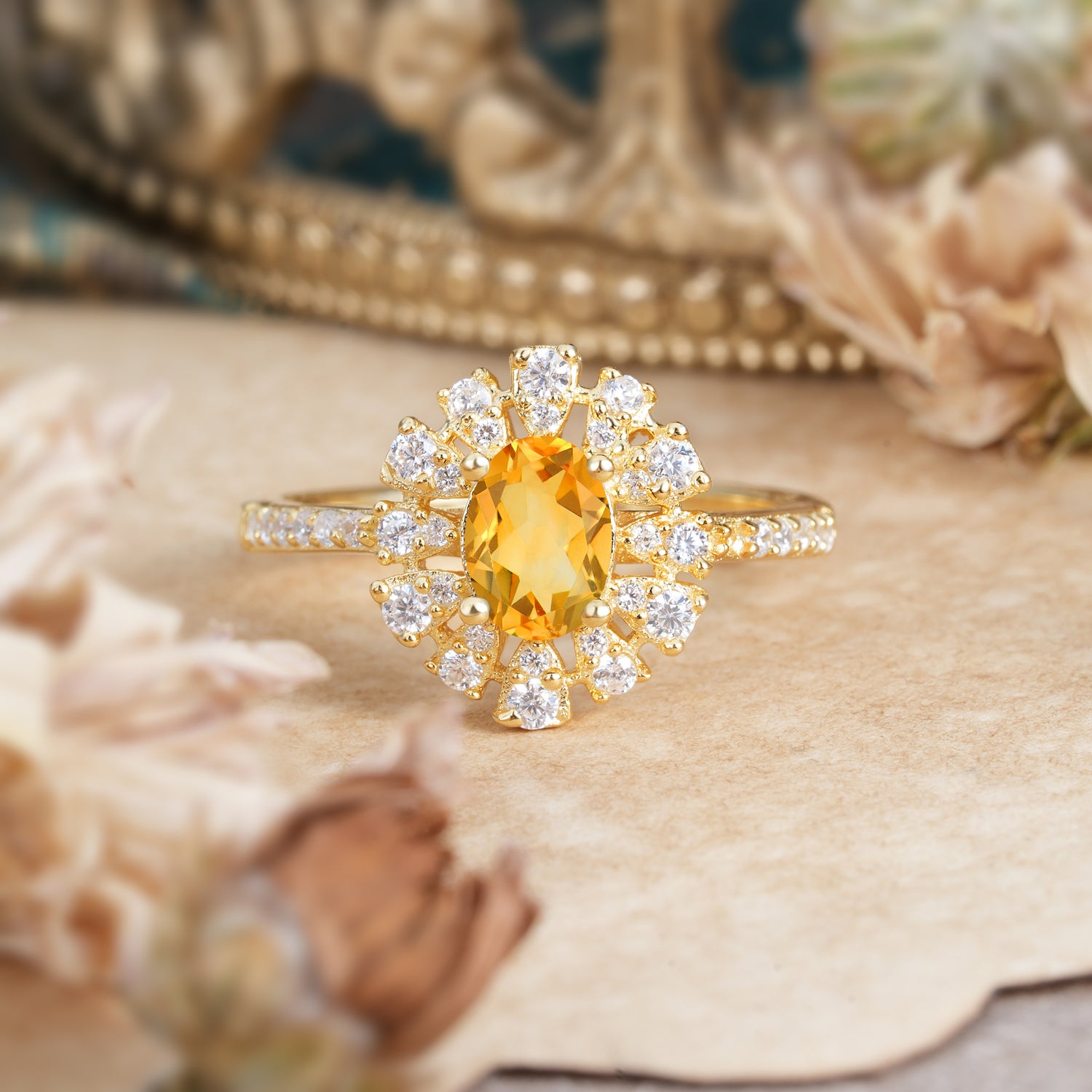 Floral Designed Cluster Ring 1 Carat Oval Cut Vintage Citrine Engagement Ring