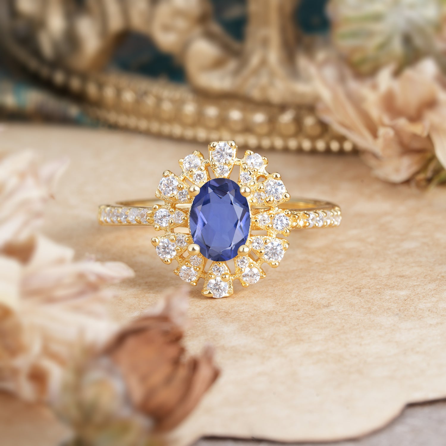 Floral Designed Cluster Ring 1 Carat Oval Cut Vintage Tanzanite Engagement Ring - Romalar Jewelry