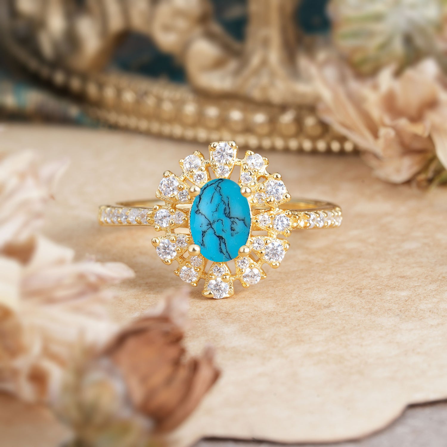 Floral Designed Cluster Ring 1 Carat Oval Cut Vintage Turquoise Engagement Ring