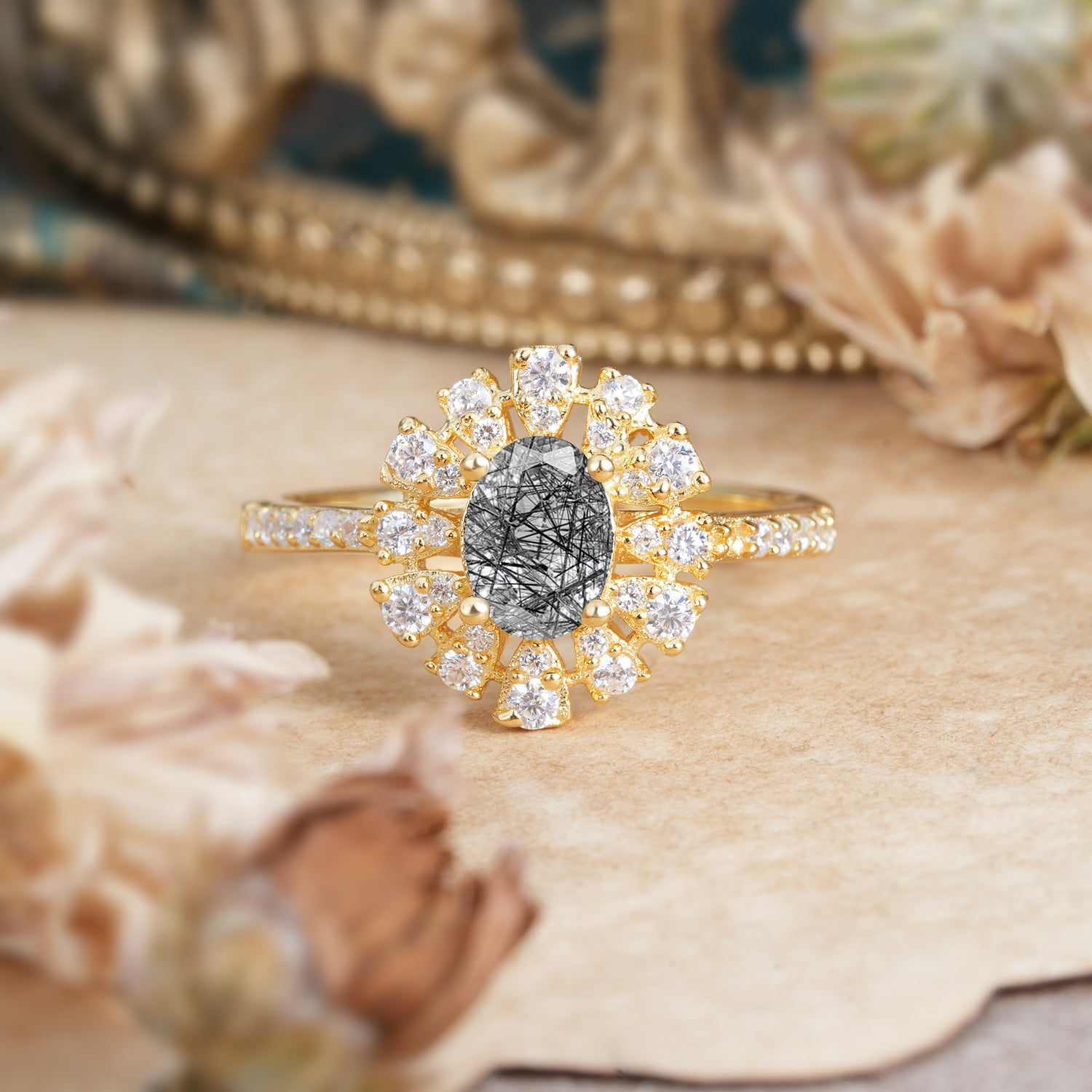 Floral Designed Cluster Ring 1 Carat Oval Cut Vintage Black Rutilated Quartz Engagement Ring