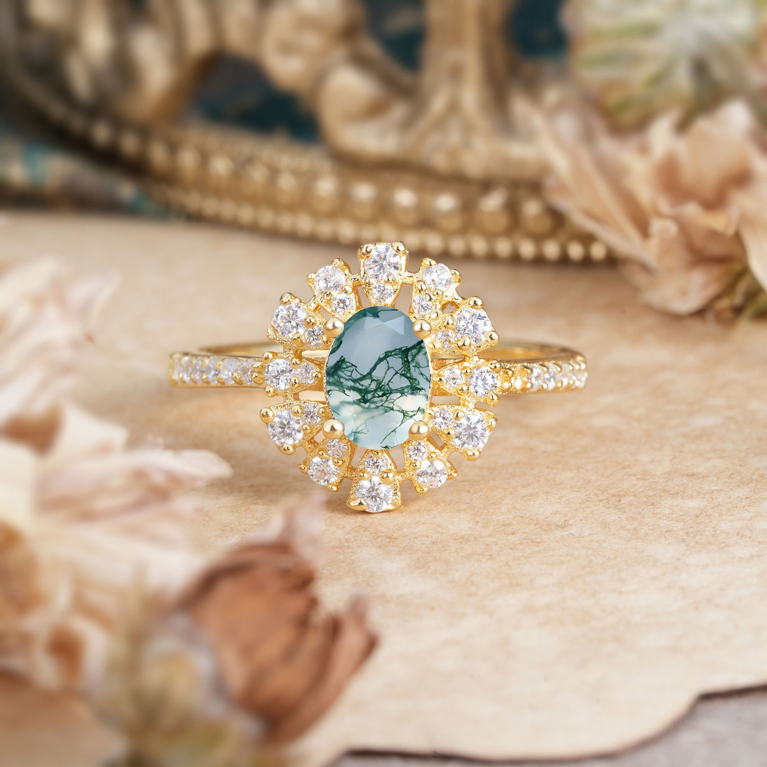Floral Designed Cluster Ring 1 Carat Oval Cut Vintage Moss Agate Engagement Ring