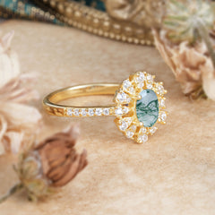 Floral Designed Cluster Ring 1 Carat Oval Cut Vintage Moss Agate Ring