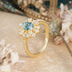 Floral Designed Cluster Ring 1 Carat Oval Cut Vintage Moss Agate Ring