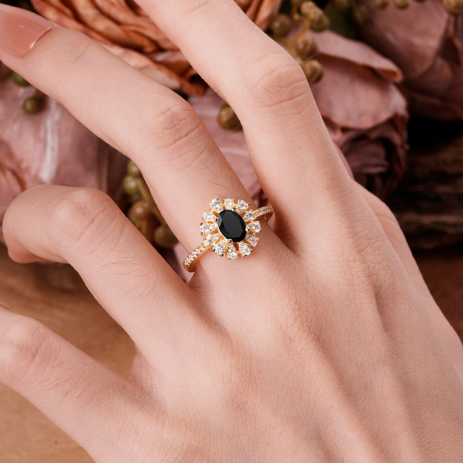 Floral Designed Cluster Ring 1 Carat Oval Cut Vintage Black Onyx Ring