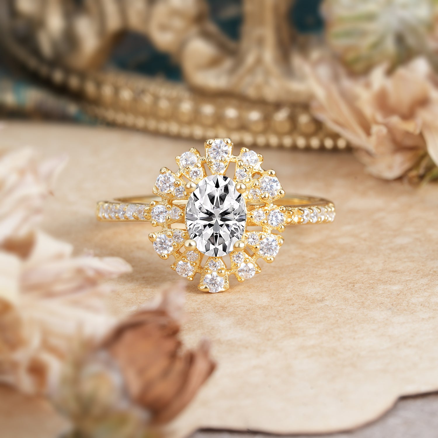 Floral Designed Cluster Ring 1 Carat Oval Cut Vintage Lab Diamond Engagement Ring