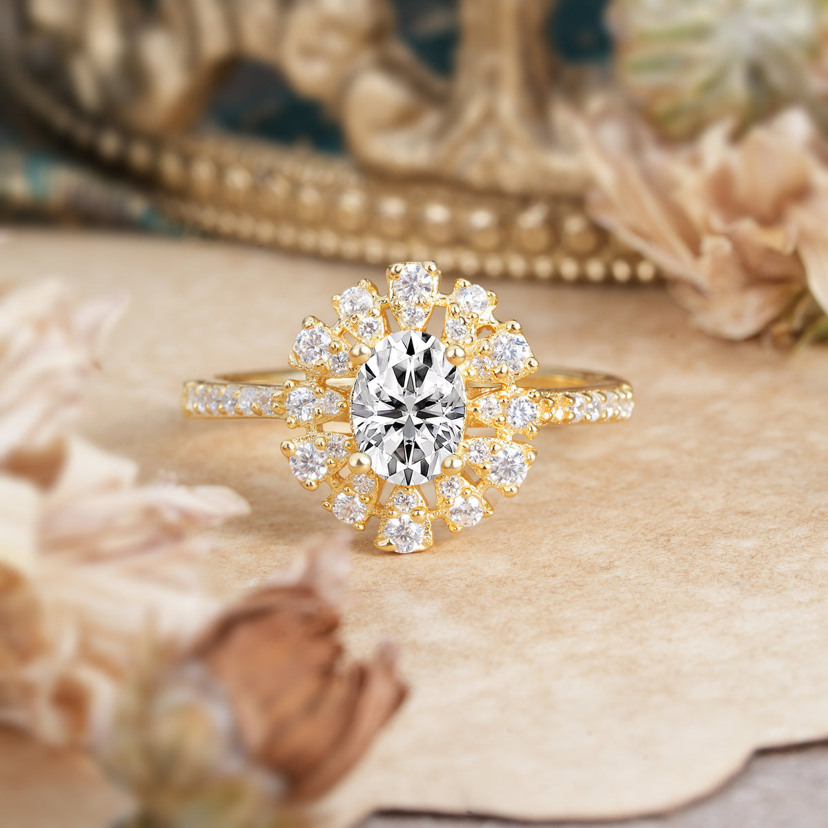 Floral Designed Cluster Ring 1 Carat Oval Cut Vintage Lab Diamond Engagement Ring - Romalar Jewelry