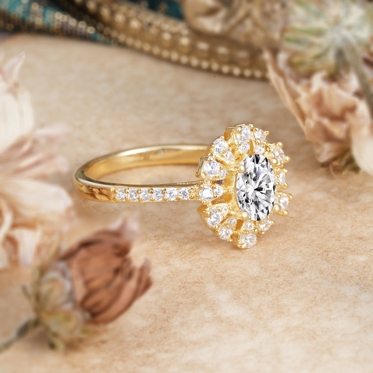 Floral Designed Cluster Ring 1 Carat Oval Cut Vintage Lab Diamond Engagement Ring - Romalar Jewelry