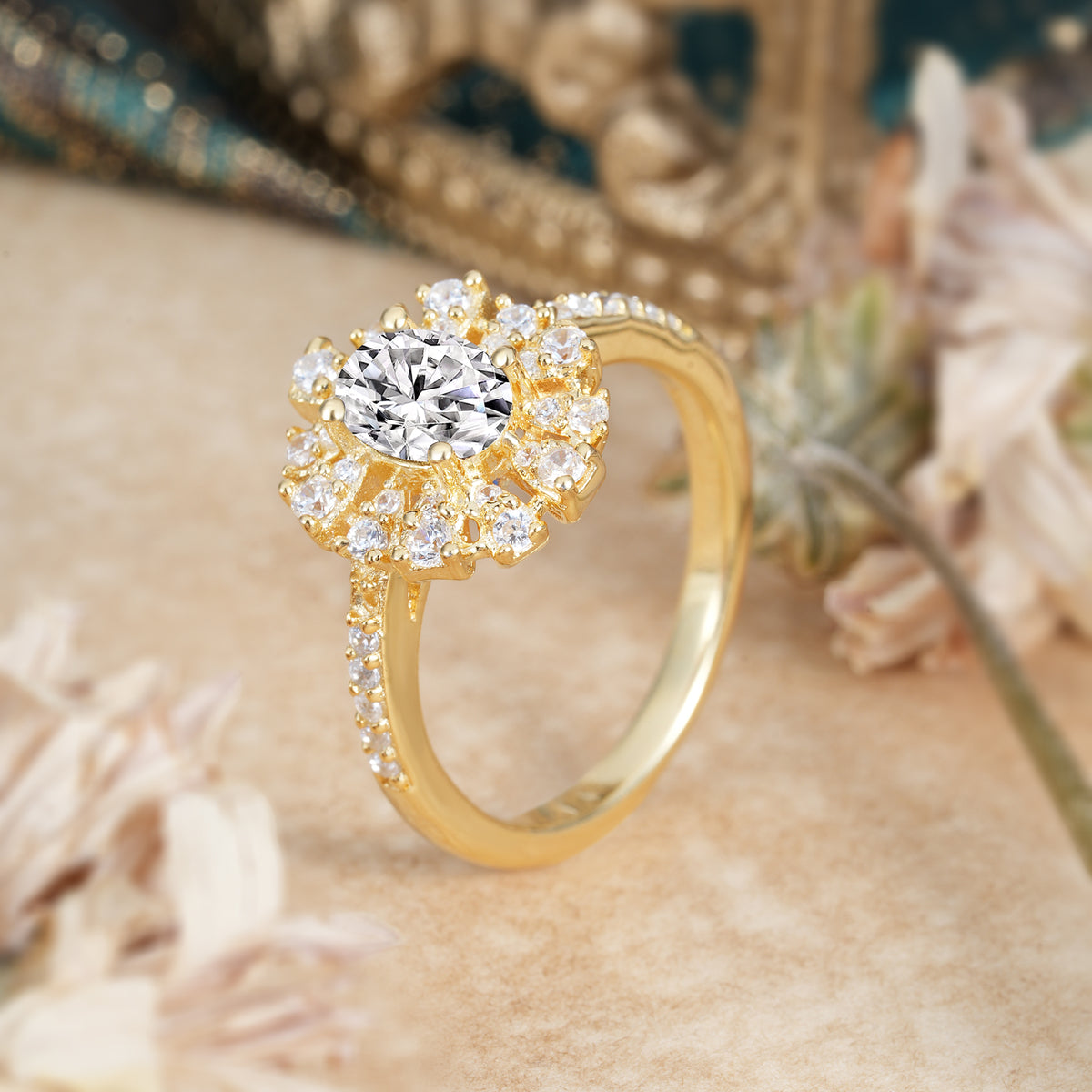 Floral Designed Cluster Ring 1 Carat Oval Cut Vintage Lab Diamond Engagement Ring - Romalar Jewelry