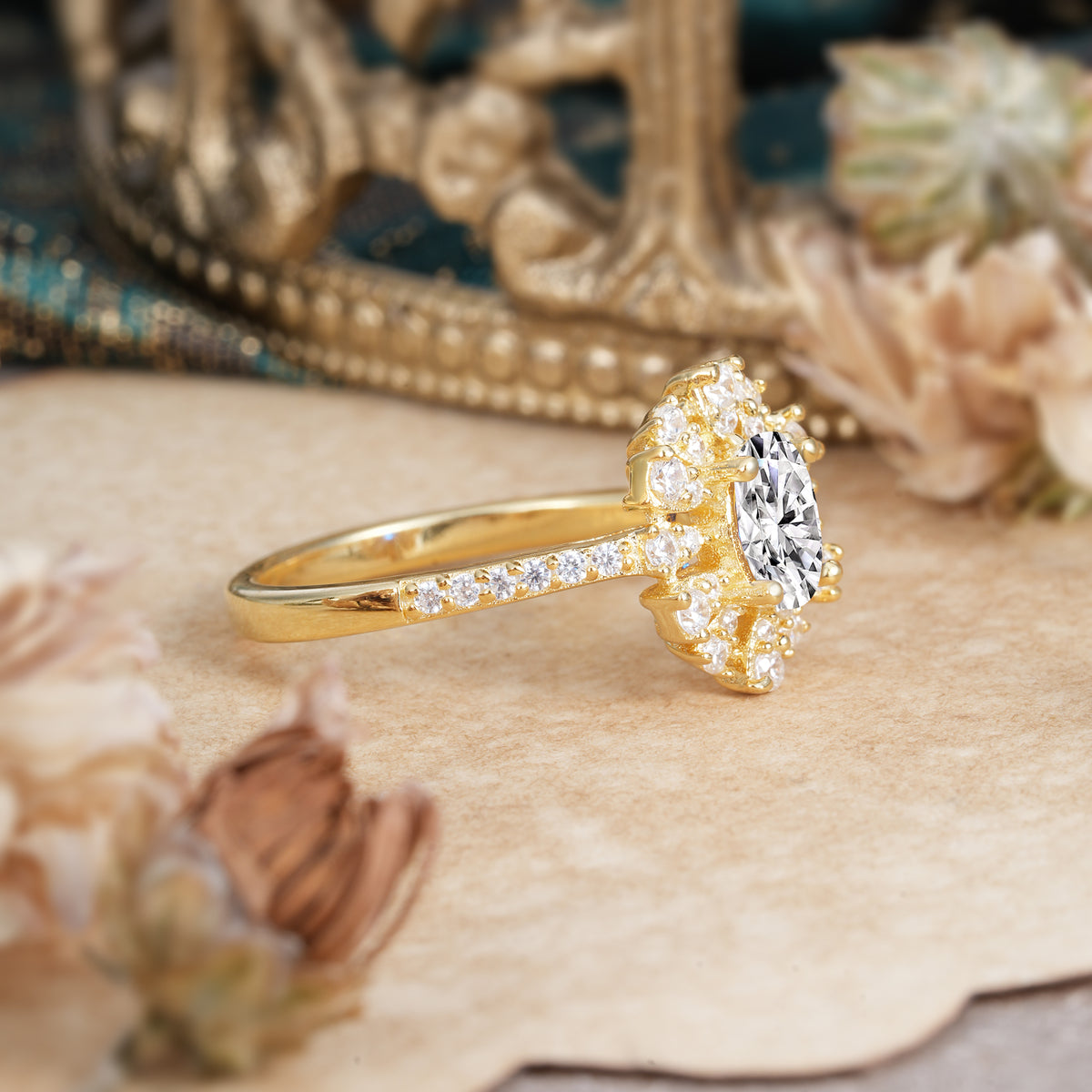 Floral Designed Cluster Ring 1 Carat Oval Cut Vintage Lab Diamond Engagement Ring - Romalar Jewelry