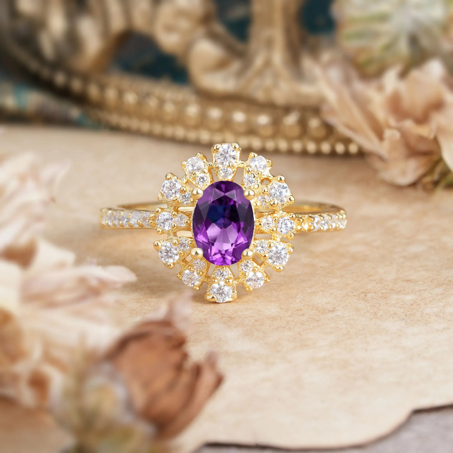 Floral Designed Cluster Ring 1 Carat Oval Cut Vintage Amethyst Engagement Ring