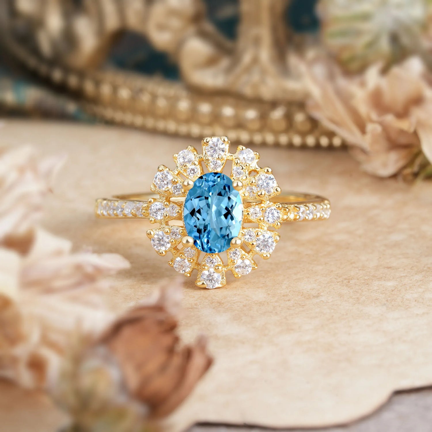 Floral Designed Cluster Ring 1 Carat Oval Cut Vintage Aquamarine Engagement Ring
