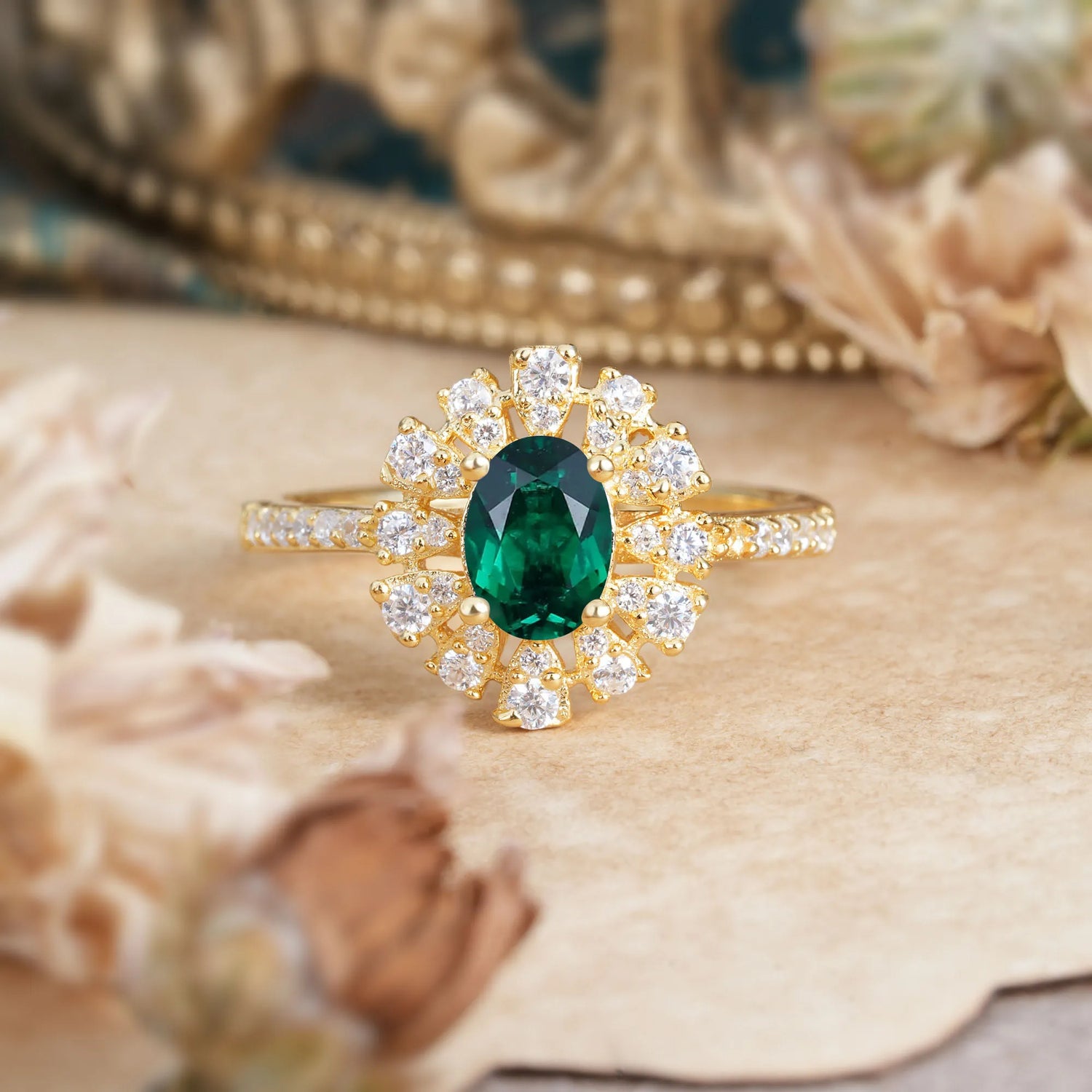 Floral Designed Cluster Ring 1 Carat Oval Cut Vintage Emerald Engagement Ring - Romalar Jewelry