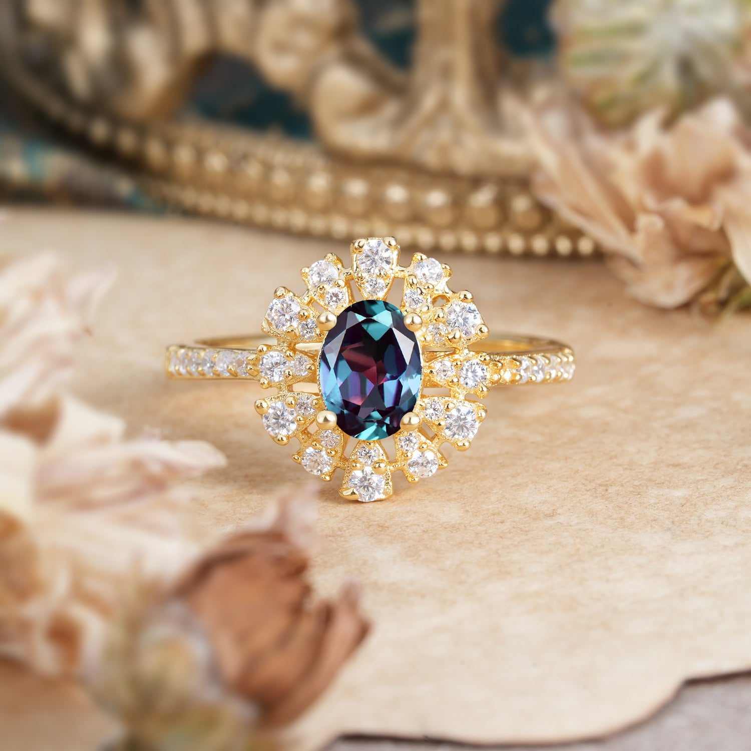Floral Designed Cluster Ring 1 Carat Oval Cut Vintage Alexandrite Engagement Ring