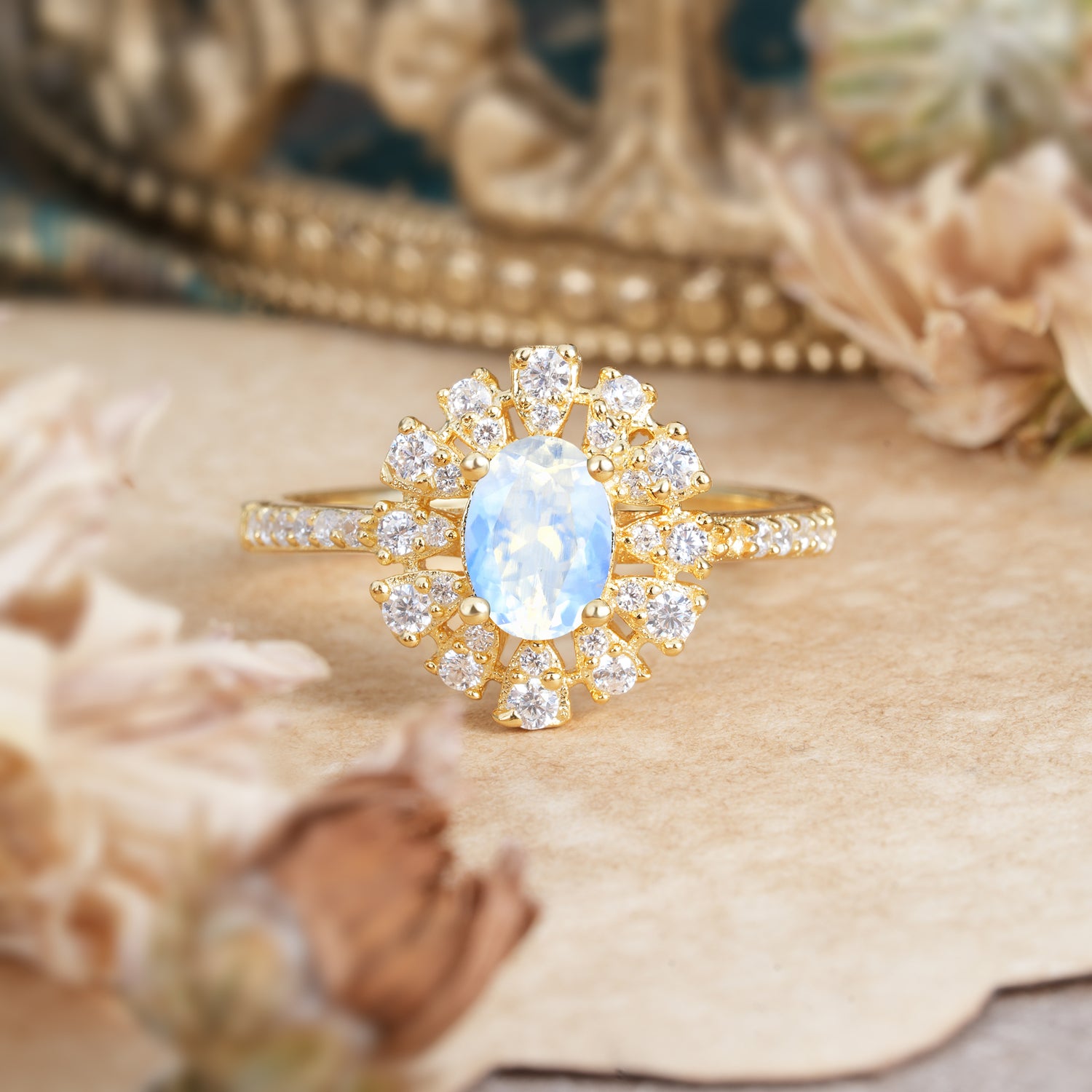 Floral Designed Cluster Ring 1 Carat Oval Cut Vintage Moonstone Engagement Ring - Romalar Jewelry