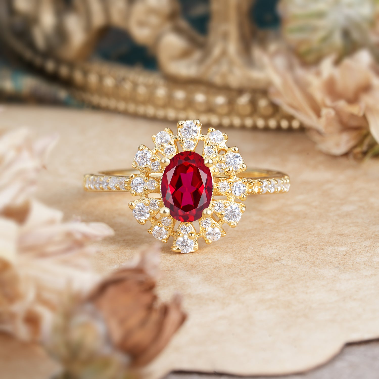 Floral Designed Cluster Ring 1 Carat Oval Cut Vintage Ruby Engagement Ring