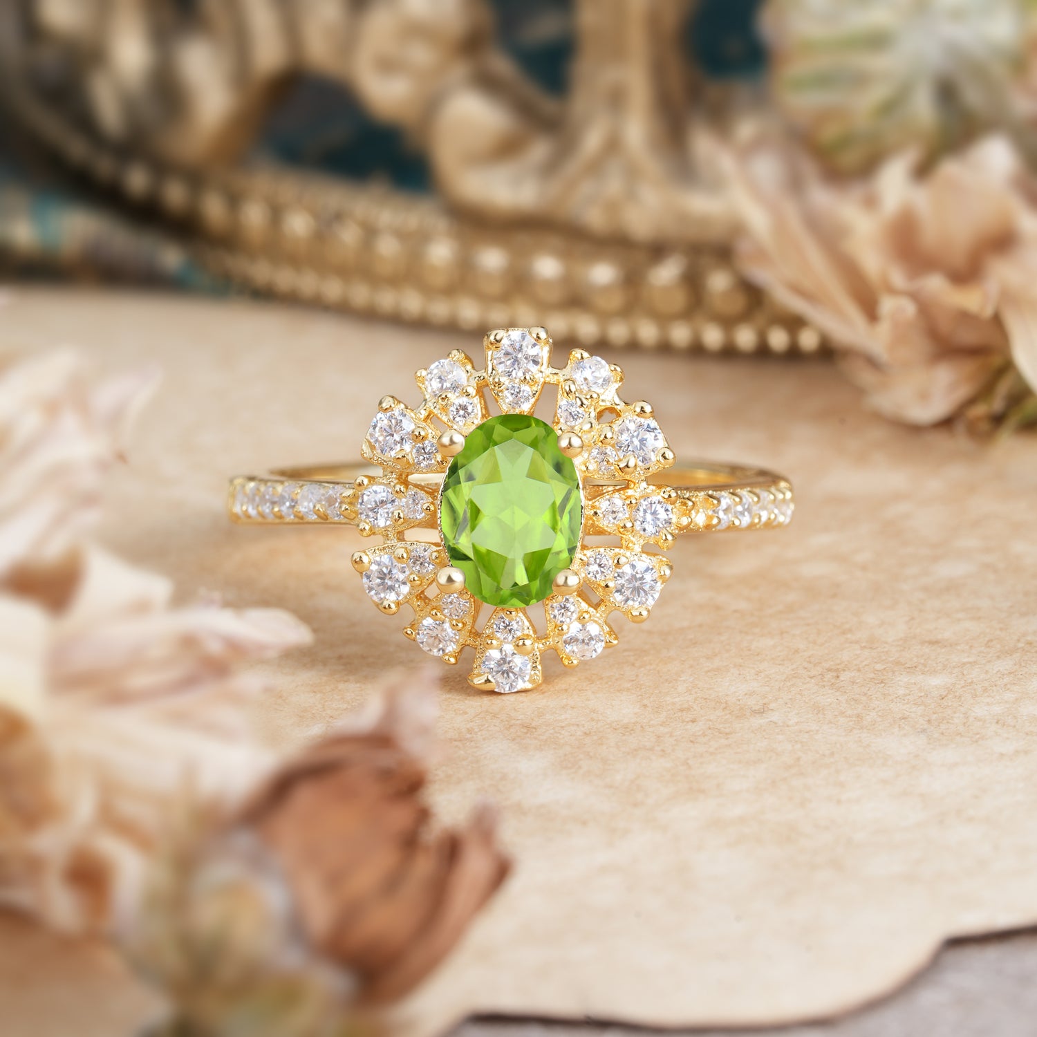 Floral Designed Cluster Ring 1 Carat Oval Cut Vintage Peridot Engagement Ring