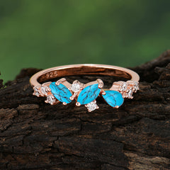 Multi Shaped Turquoise Wedding Band Half Eternity Stackable Ring