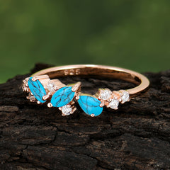 Multi Shaped Turquoise Wedding Band Half Eternity Stackable Ring