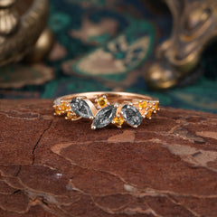 Multi Shaped Black Rutilated Quartz Wedding Band Half Eternity Stackable Ring