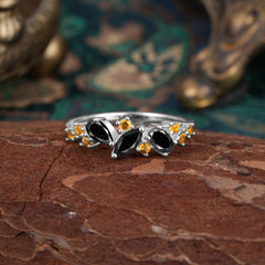 Multi Shaped  Black Onyx Wedding Band Half Eternity Stackable Ring