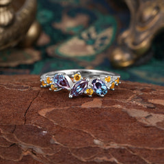 Multi Shaped Alexandrite Wedding Band Half Eternity Stackable Ring