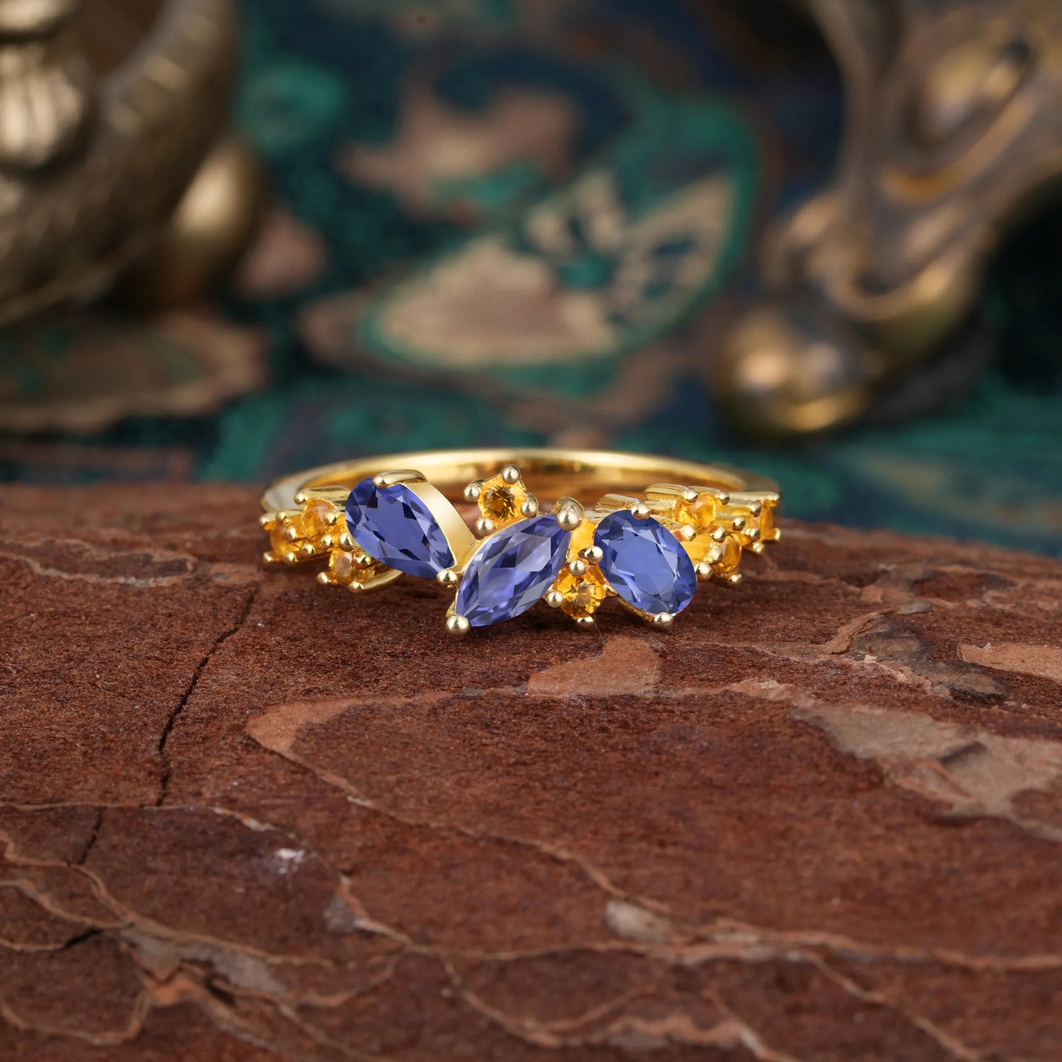 Multi Shaped Tanzanite Wedding Band Half Eternity Stackable Ring