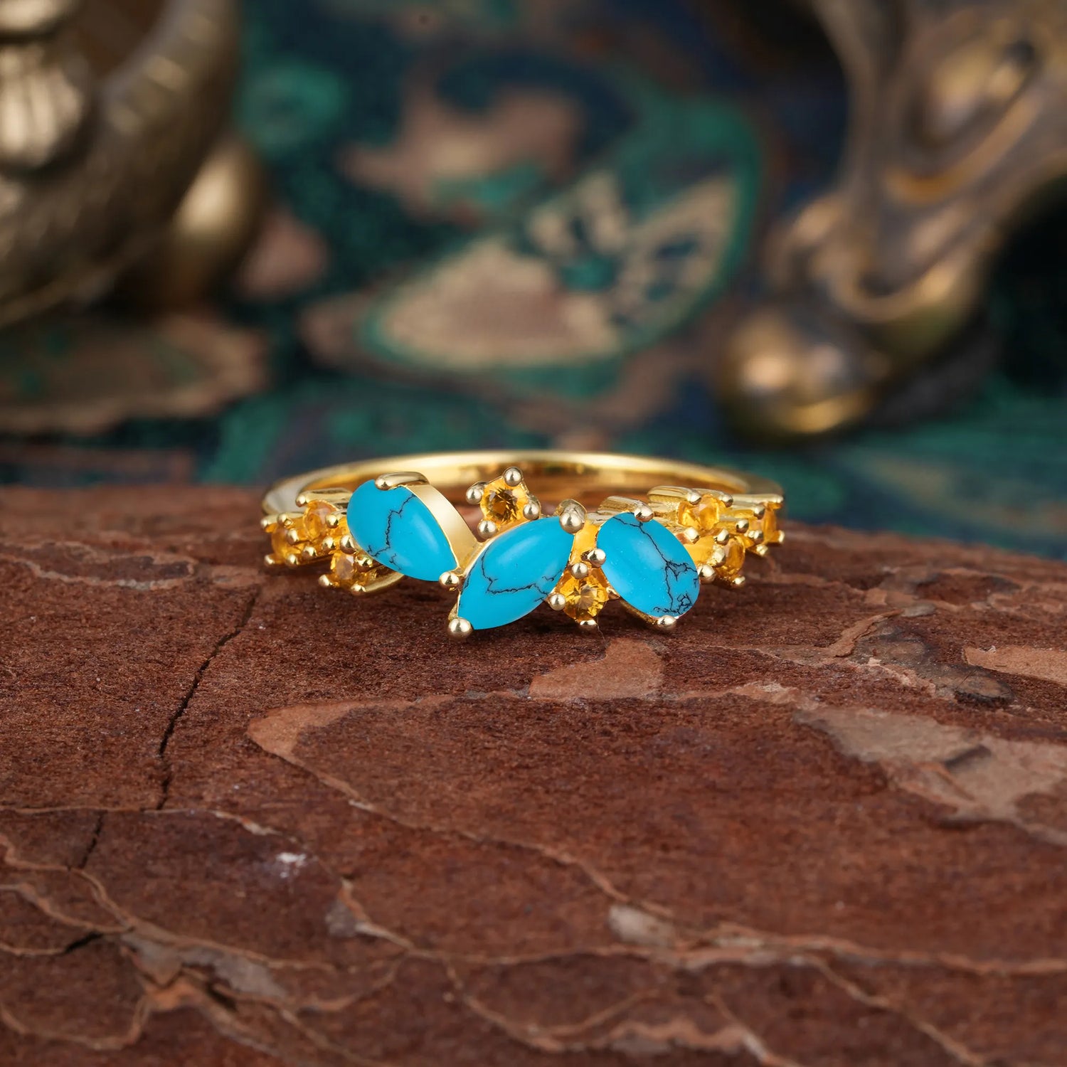 Multi Shaped Turquoise Wedding Ring Half Eternity Stackable Ring