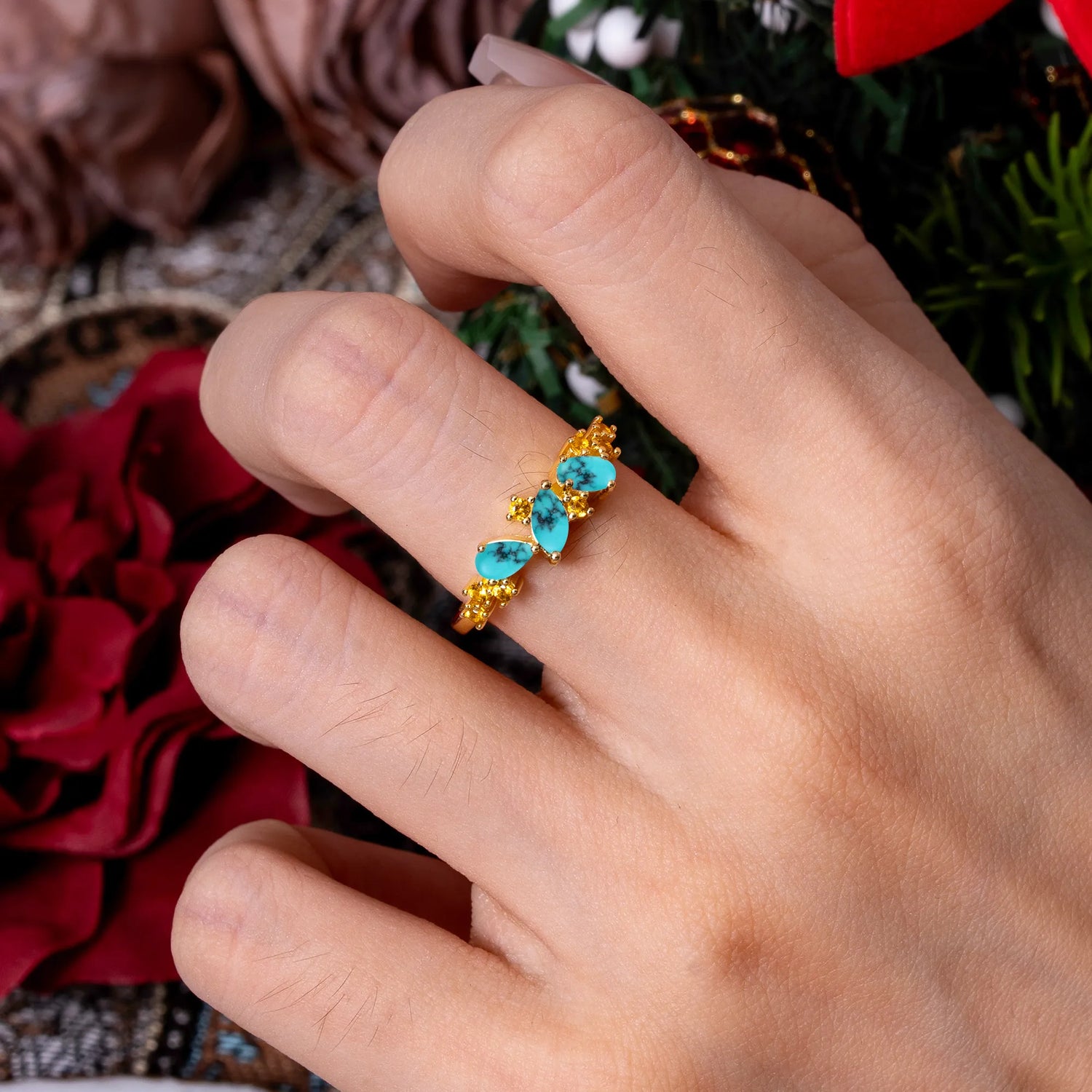 Multi Shaped Turquoise Wedding Ring Half Eternity Stackable Ring