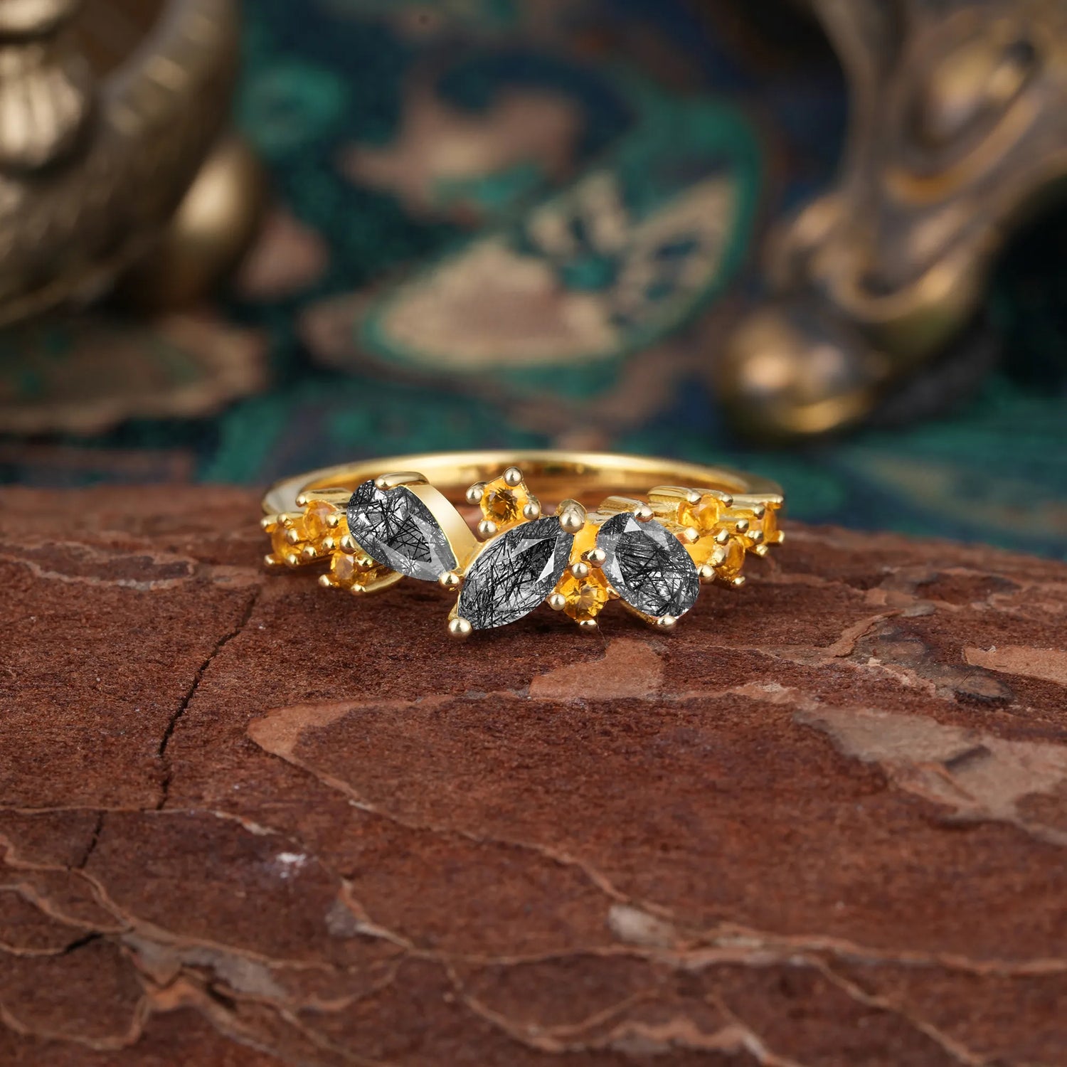 Multi Shaped Black Rutilated Quartz Wedding Band Half Eternity Stackable Ring