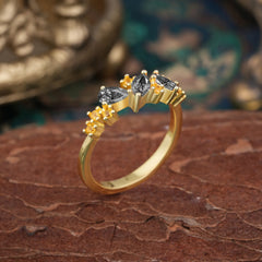 Multi Shaped Black Rutilated Quartz Wedding Band Half Eternity Stackable Ring