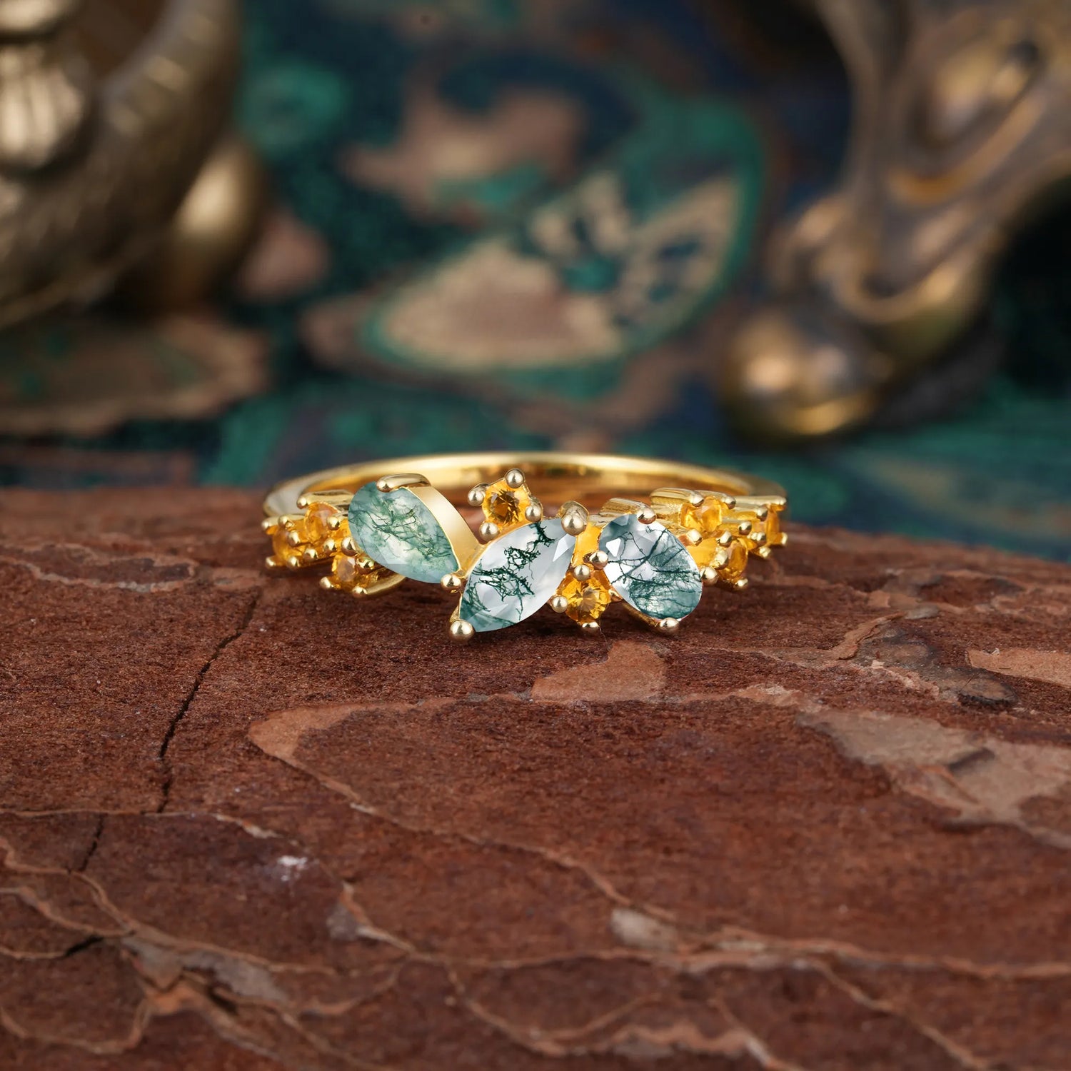 Multi Shaped Moss Agate Wedding Ring Half Eternity Stackable Ring