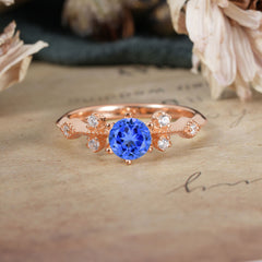 Round Cut Sapphire Engagement Ring Unique Distance Band Ring