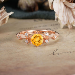 Round Cut Citrine Engagement Ring Unique Distance Band Ring