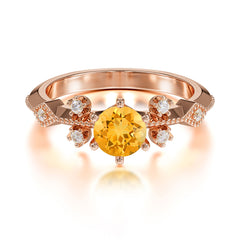 Round Cut Citrine Engagement Ring Unique Distance Band Ring