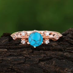 Round Cut Turquoise Engagement Ring Unique Distance Band Ring