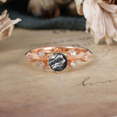 Round Cut Black Rutilated Quartz Engagement Ring Unique Distance Band Ring