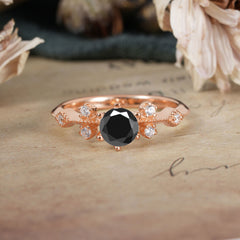 Round Cut Black Onyx Engagement Ring Unique Distance Band Ring