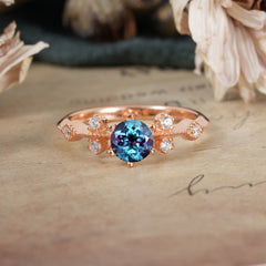 Round Cut Alexandrite Engagement Ring Unique Distance Band Ring