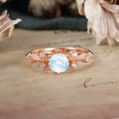 Round Cut Moonstone Engagement Ring Unique Distance Band Ring