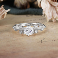 Round Cut Moissanite Engagement Ring Unique Distance Band Ring