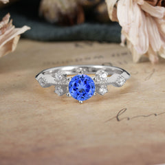 Round Cut Sapphire Engagement Ring Unique Distance Band Ring