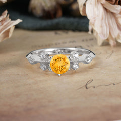 Round Cut Citrine Engagement Ring Unique Distance Band Ring