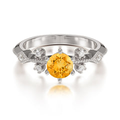 Round Cut Citrine Engagement Ring Unique Distance Band Ring