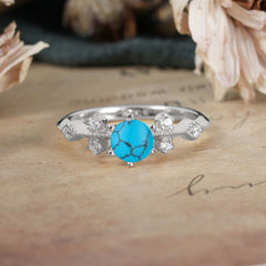 Round Cut Turquoise Engagement Ring Unique Distance Band Ring
