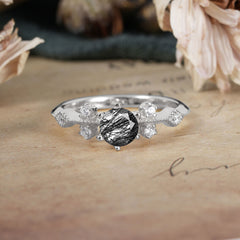 Round Cut Black Rutilated Quartz Engagement Ring Unique Distance Band Ring