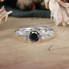 Round Cut Black Onyx Engagement Ring Unique Distance Band Ring