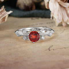 Round Cut Garnet Engagement Ring Unique Distance Band Ring