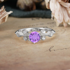 Round Cut Amethyst Engagement Ring Unique Distance Band Ring