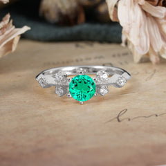 Round Cut Emerald Engagement Ring Unique Distance Band Ring