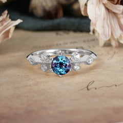 Round Cut Alexandrite Engagement Ring Unique Distance Band Ring